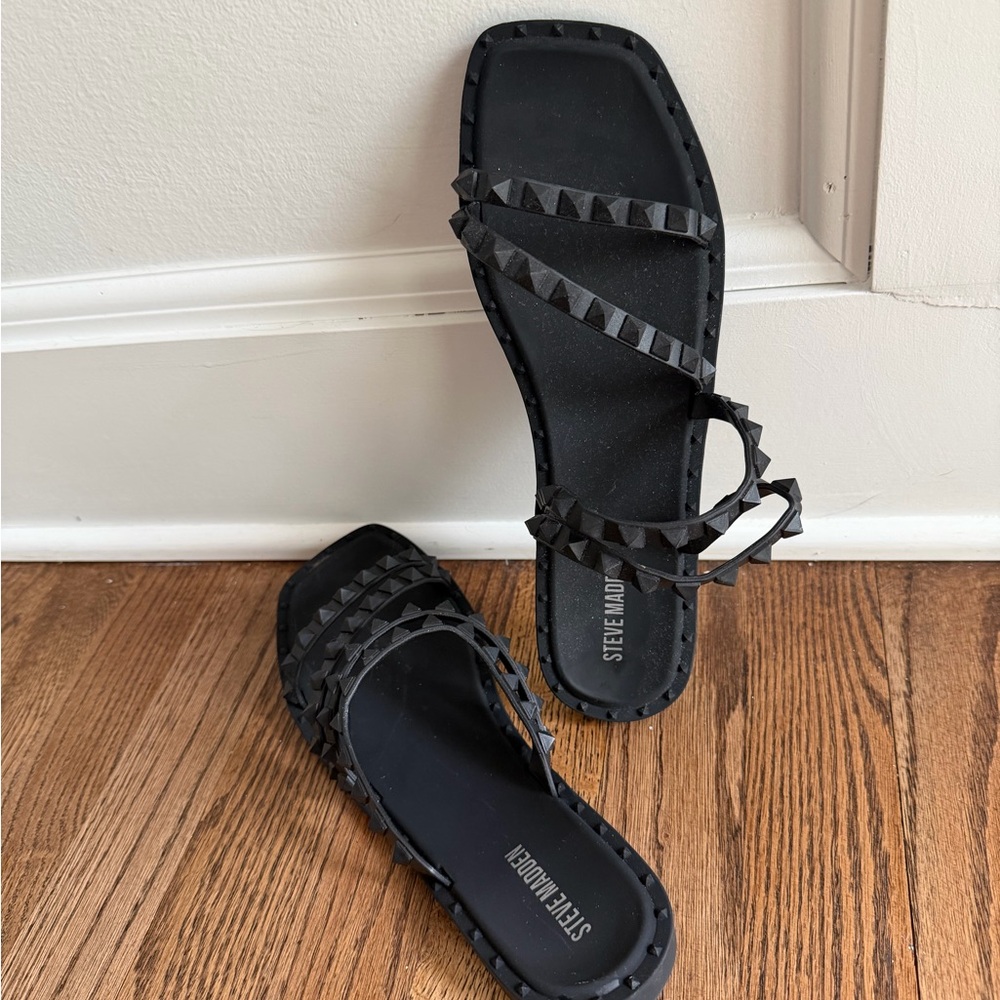 Steve Madden Black Pyramid Stud Strappy Slide Sandals